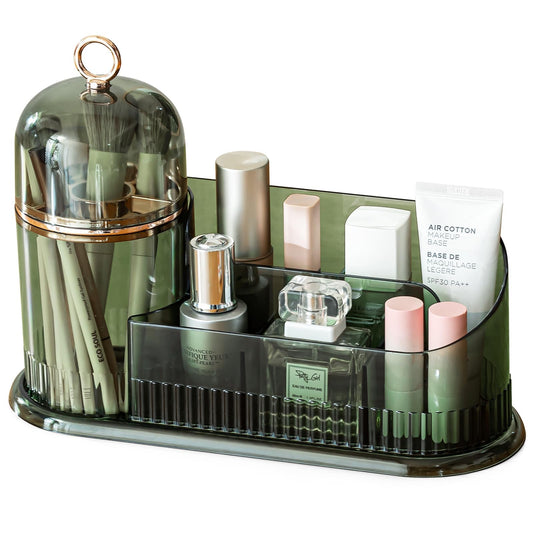 CANITORON Makeup Organizer for Vanity, Skincare Organizer With Brush Holder, Partitioned Storage Cosmetic Display Cases for Bedroom Countertop and Bathroom Storage - CB-Green