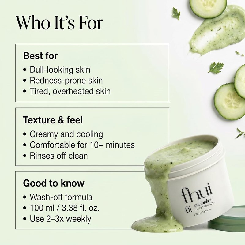 Cucumber Basil Face Mask - Cooling Korean Skincare for Redness Relief | Green Smoothie Mask with 3,500ppm Cucumber & 8 Types of Hyaluronic Acid