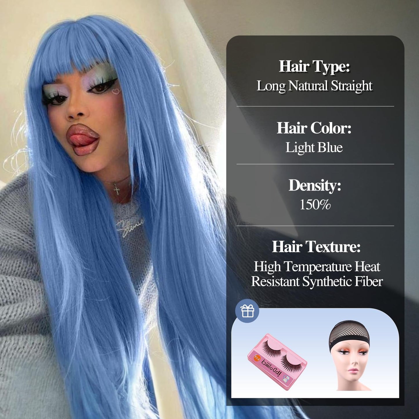 Lady Hanne Long Straight Wig With Bangs Light Blue Silky Straight Hair Wigs for Women 28 Inch Synthetic Heat Resistant Fiber Wig for Cosplay Daily Party Use