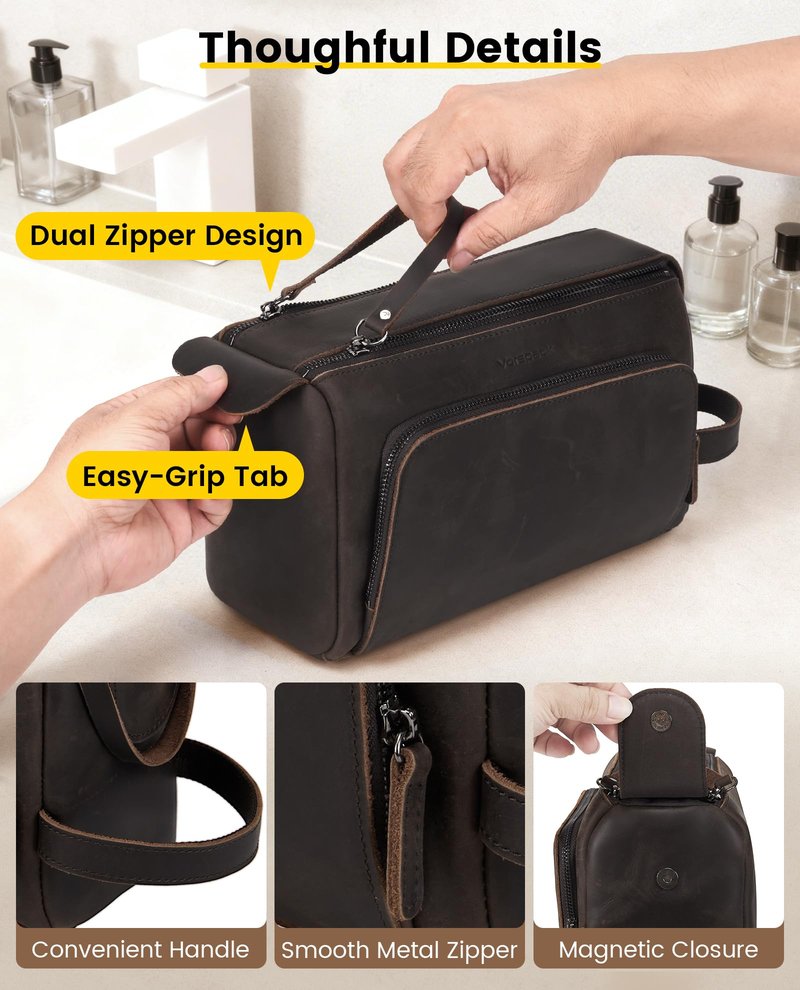 Vorspack Genuine Leather Toiletry Bag for Men - Water Resistant Travel Bag for Toiletries, Essentials, Accessories - Dark Brown