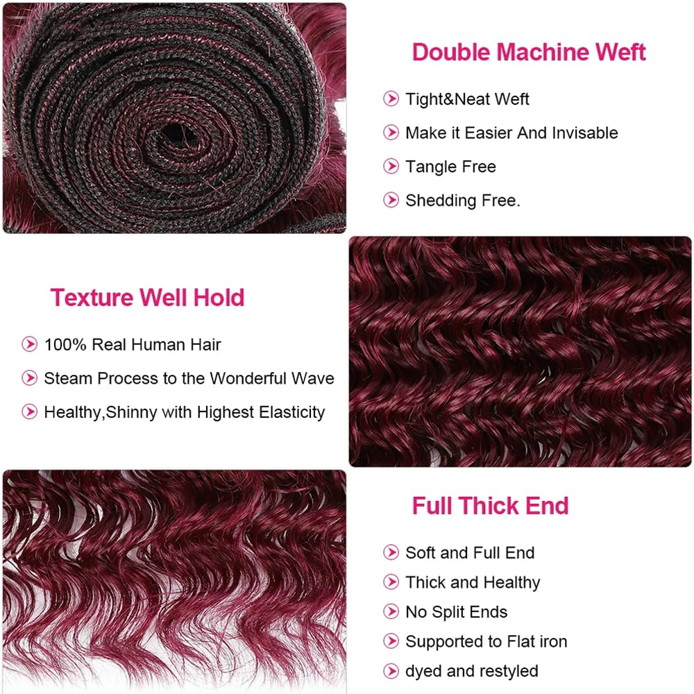 #99J Burgundy Bundles Human Hair Deep Wave Bundles 14 16 18 Inch Win Red Deep Wave Bundle Human Hair Extensions Double Weft Unprocessed Brazilian Virgin Hair 3 Bundle 50 Grams Per Bundle For Woman