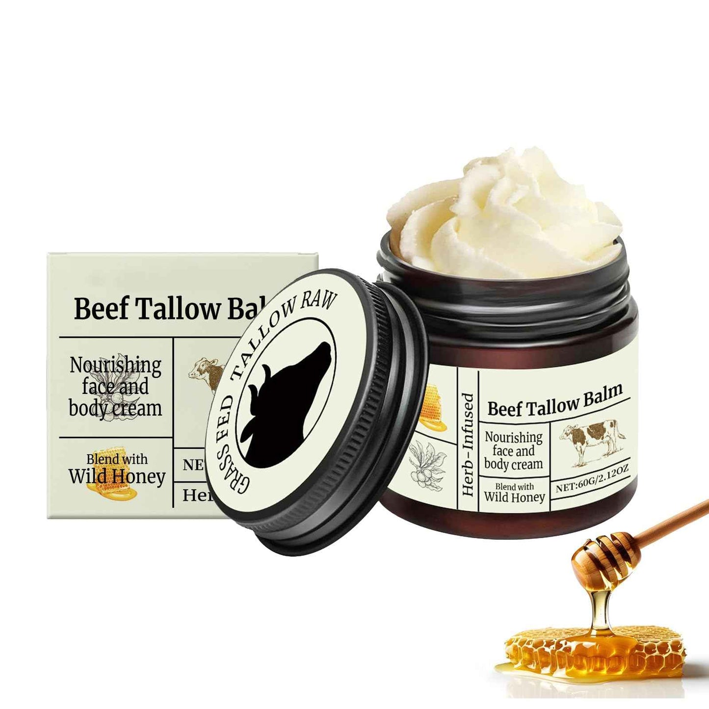 Beef Tallow for Skin Care - Tallow Honey Balm Face Cream | Whipped Body Butter for Dry Skin | Nourishing Face and Body Cream, 60g/2.12oz