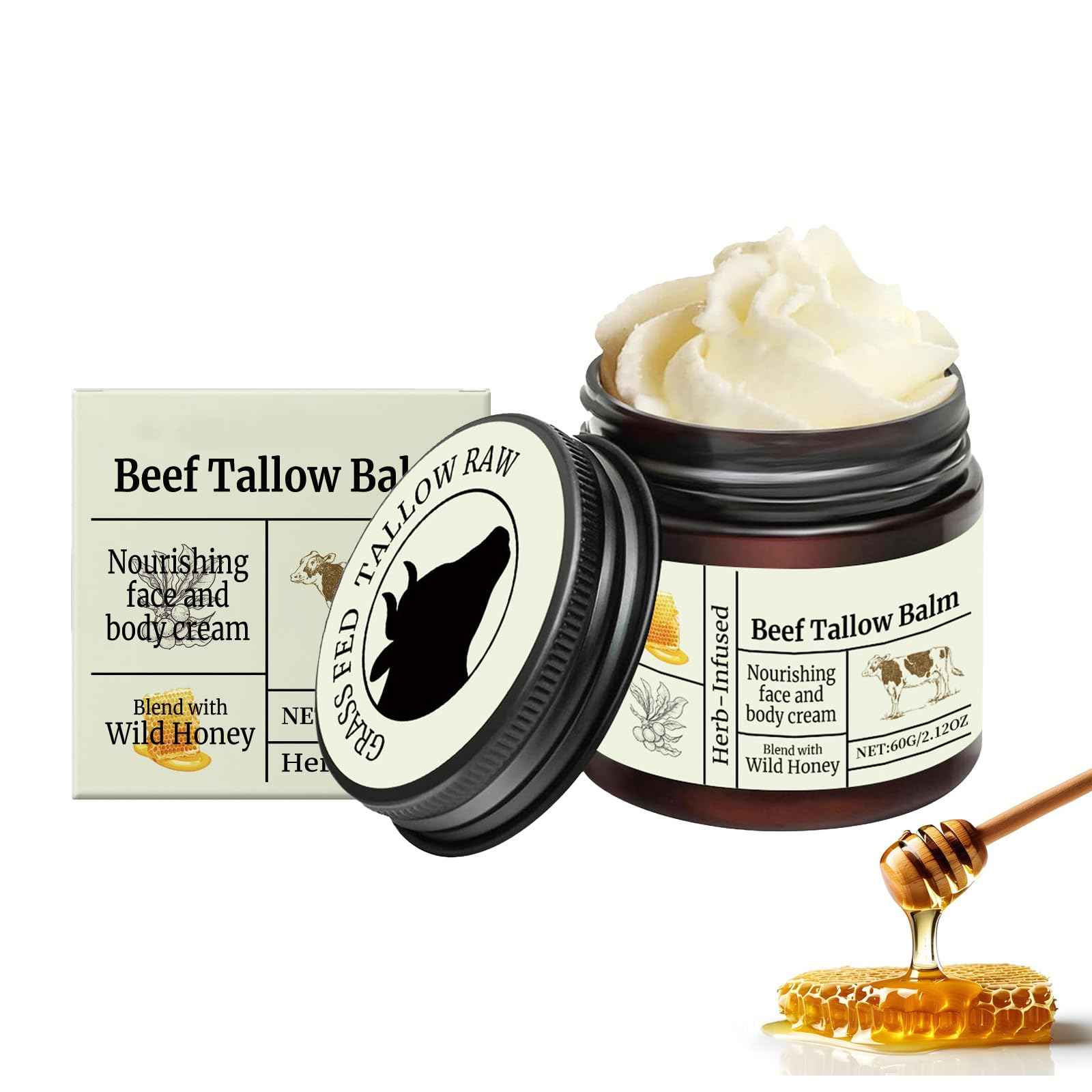 Beef Tallow for Skin Care - Tallow Honey Balm Face Cream | Whipped Body Butter for Dry Skin | Nourishing Face and Body Cream, 60g/2.12oz