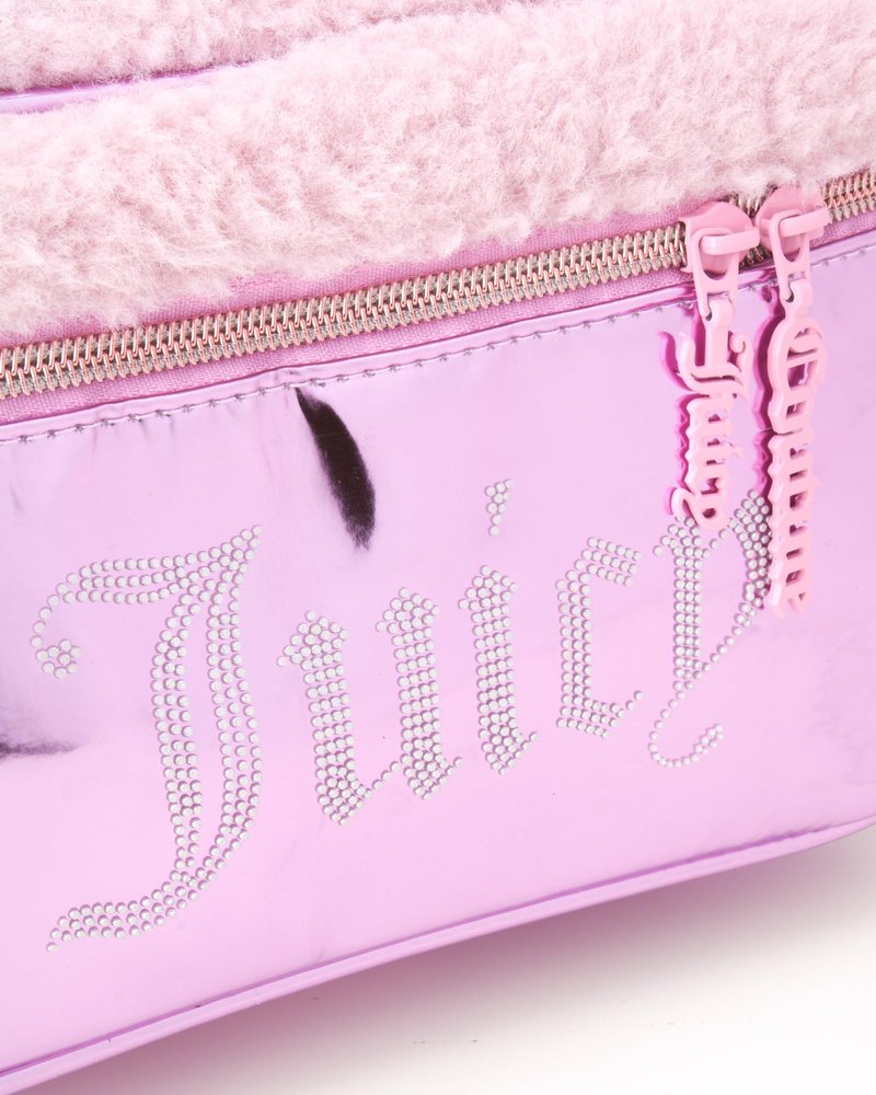 Juicy Couture Pink Makeup Bag Cosmetics Organizer Travel Essentials Train Case Shiny Rhinestones Faux Shearling