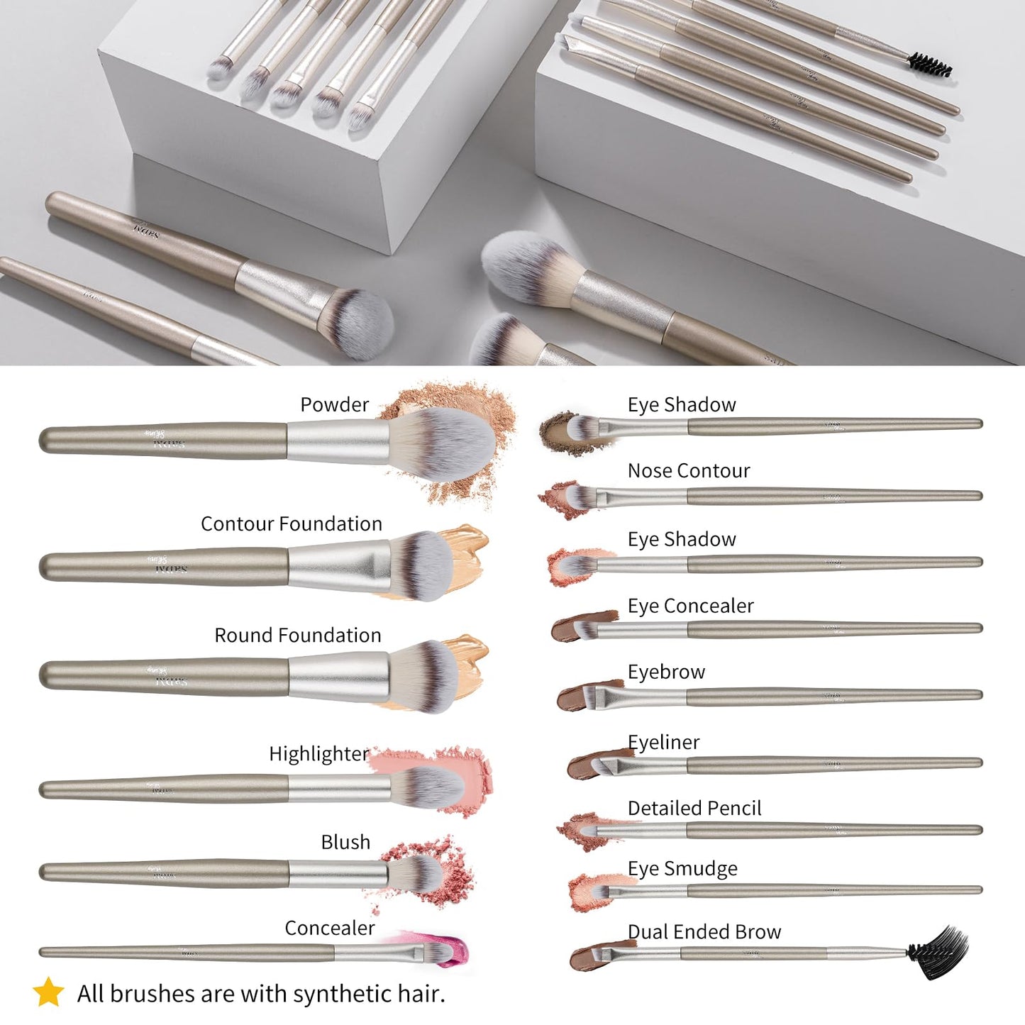 15 Pcs Makeup Brushes Set Vegan Foundation Concealers Blush Eyeshadow Eyeliner Powder Highlighter Blending Face Brush Set