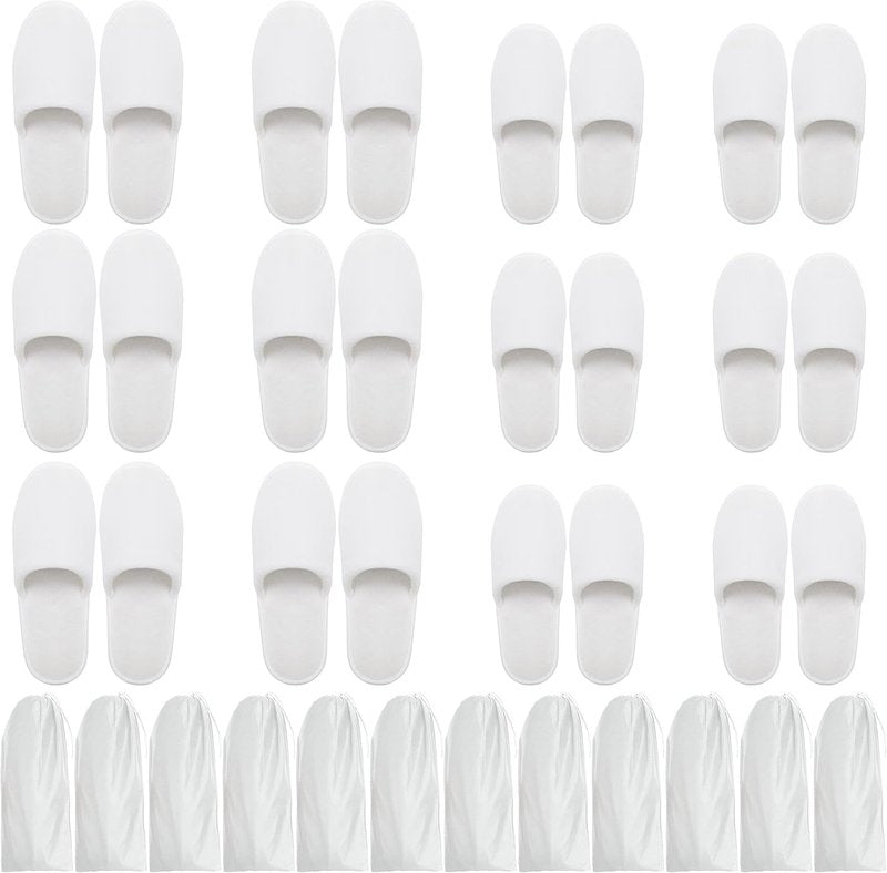 Disposable Spa Slippers - Fluffy Closed Toe Slippers with Drawstring Bags | Two Sizes (S, L) for Home, Travel, Weddings