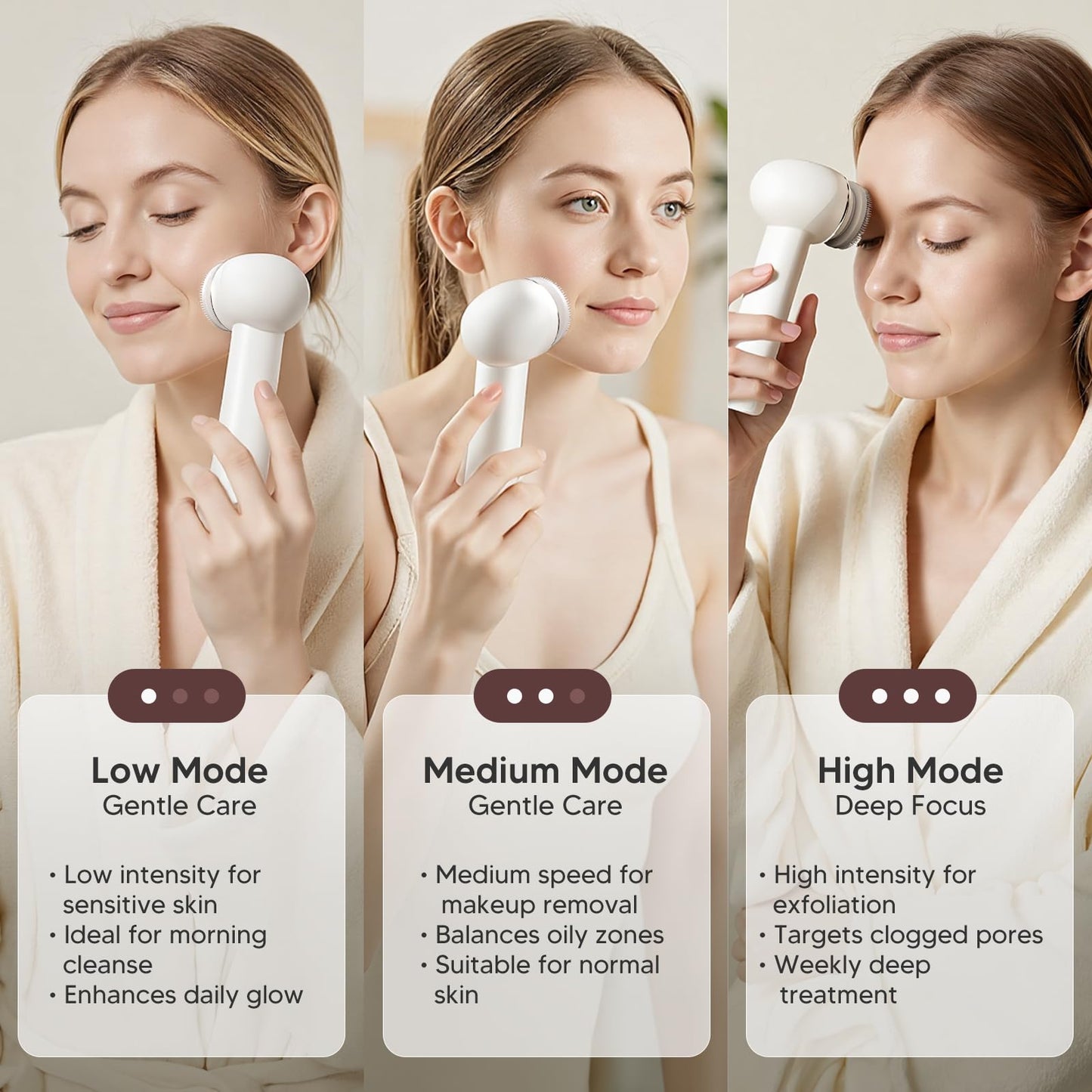 Electric Facial Cleansing Brush, Rechargeable Waterproof Dual Rotating Face Scrubber with 3 Interchangeable Heads, Soft Silicone Face Brush, White