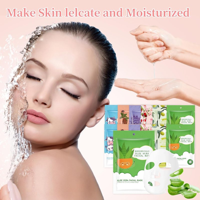 Hydrating Sheet Face Masks - 12 Pack for Dry Sensitive Skin | Spa Quality Skincare Gift Set