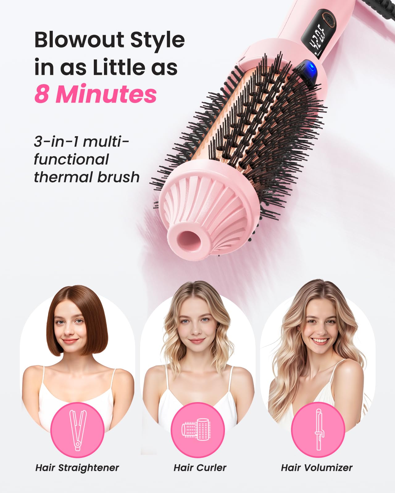 Thermal Brush for Blowout – 1.5 Inch Heated Round Brush with Negative Ions, Dual Voltage, Dual PTC, 6 Heat Settings, Salon Smooth Hair, Less Frizz, Travel-Friendly, Pink