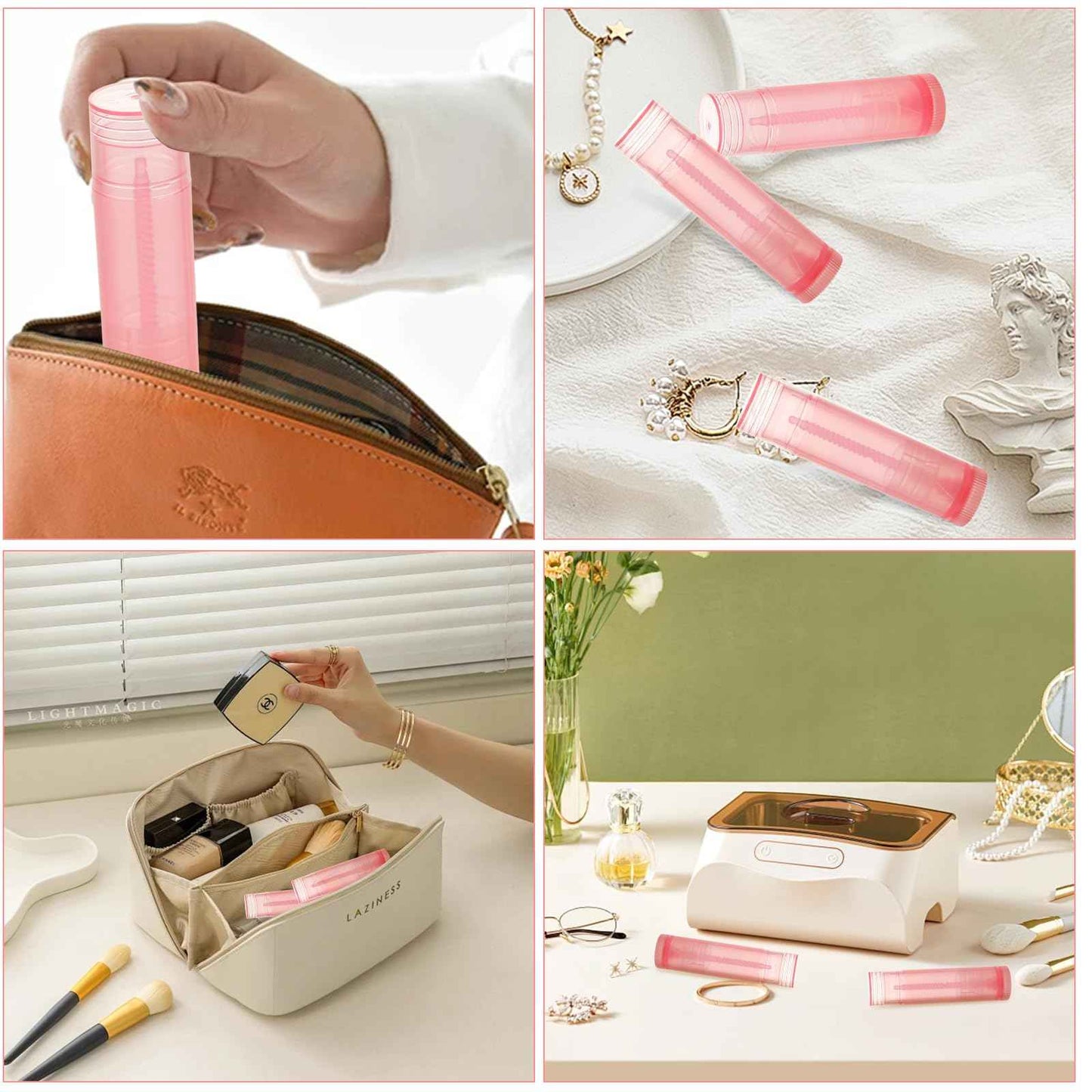 LANIAKEA 100PCS Lip Balm Tubes with Filling Tray and Spatula Set, Clear Containers with Pink Caps, Empty Chapstick Tubes Bulk for DIY Lipstick Homemade 3/16 Oz (5.5 ml)