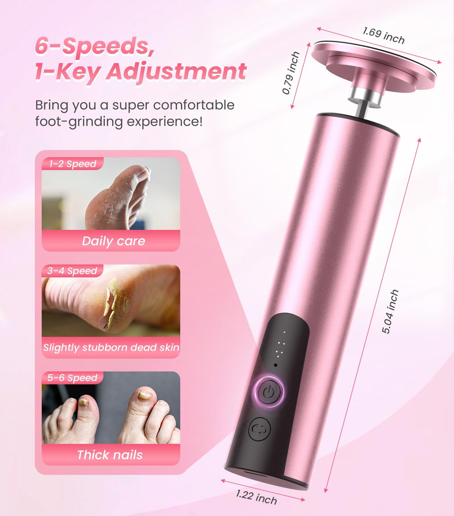 JOMLEY Electric Foot Callus Remover, 6 Speeds 2-in-1 Rechargeable Electric Foot File & Nail Grinder, Callus Remover for Feet Pedicure Tools with Sandpaper Disc for Dead Skin - Pink