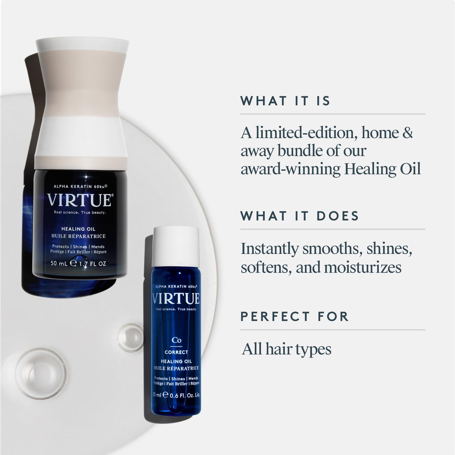 VIRTUE Healing Hair Oil Home and Away Set, Hair Treatment Serum for Damaged Hair, Shake to Activate, Color Safe, 2.3 Fl Oz Total