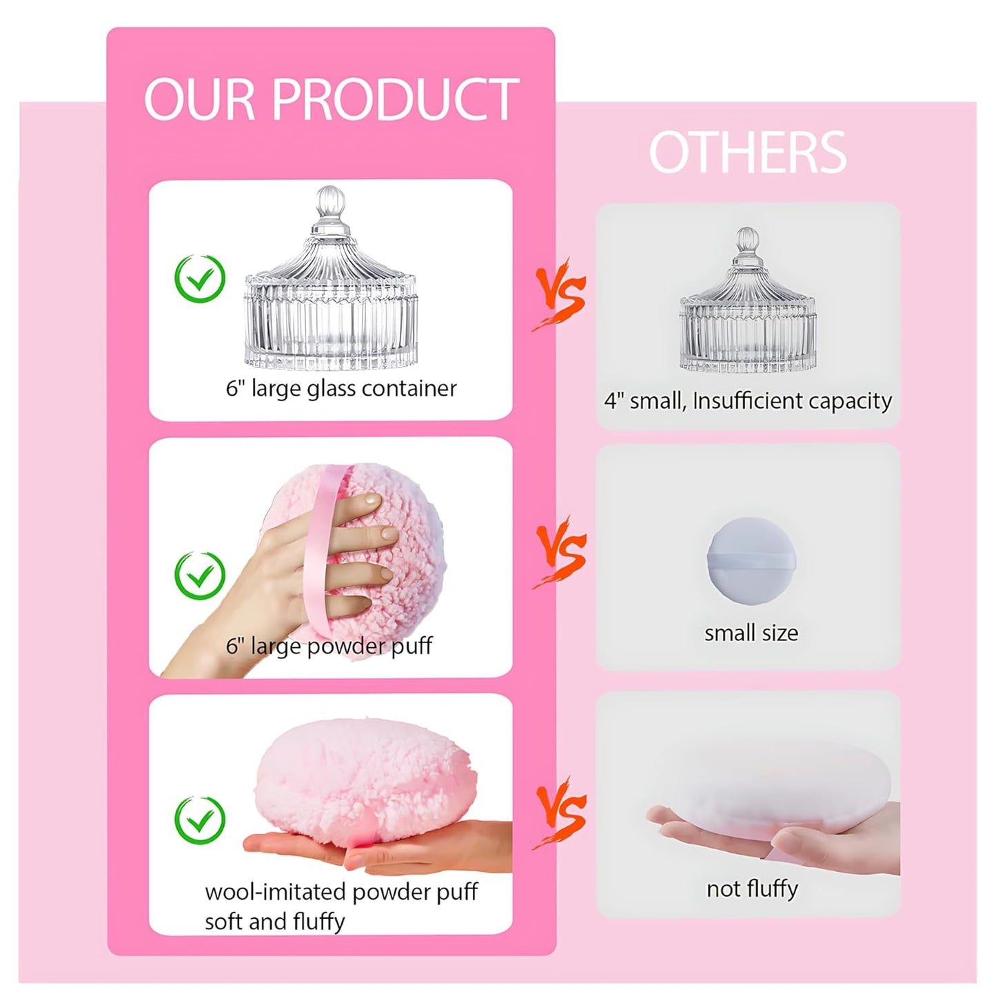 Extra Large Body Powder Puff & Crystal Glass Storage Jar - Dustproof Lid, Soft & Reusable Fluffy Puff for Skin Care
