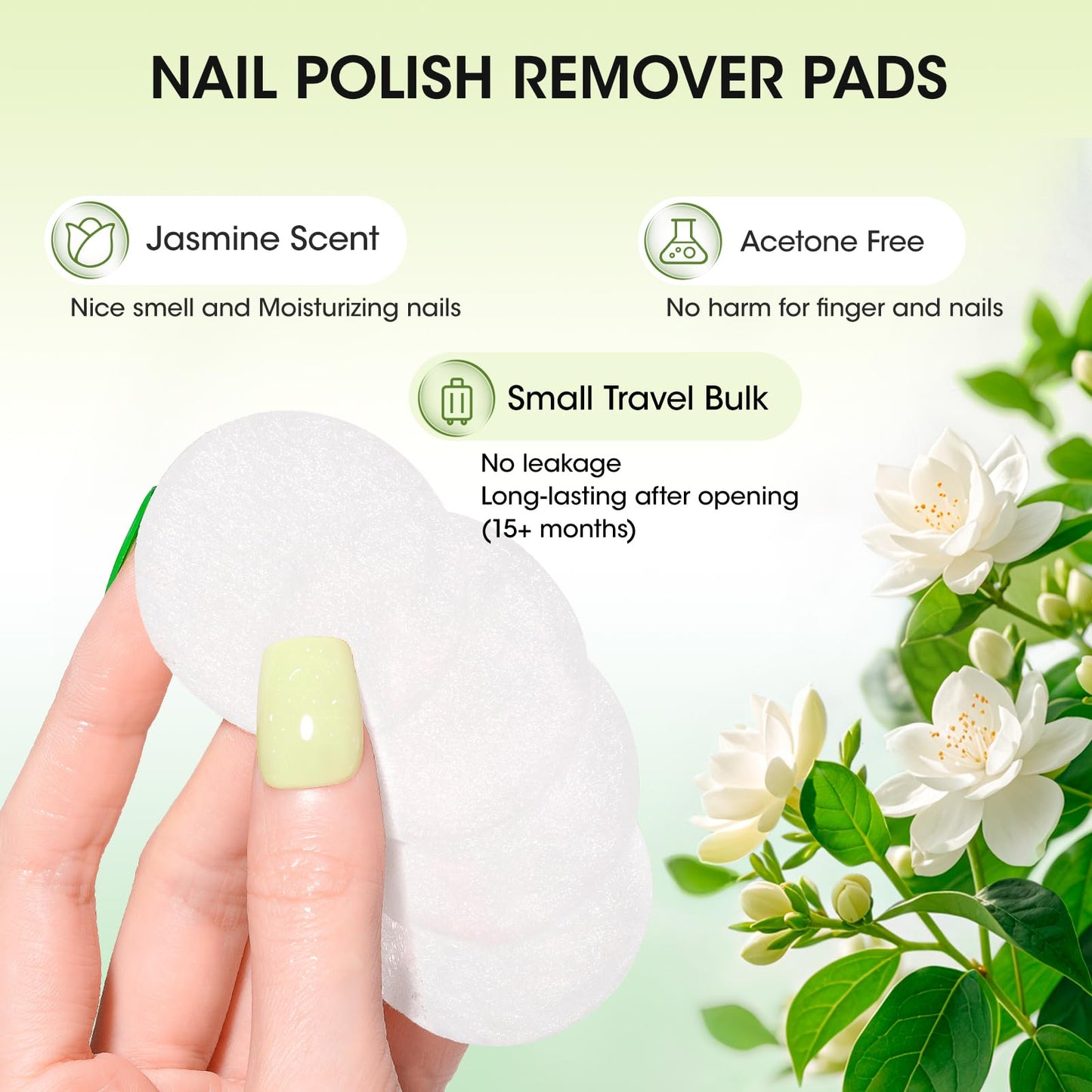 Gellen Nail Polish Remover Pads, Perfect for Travel, Outdoor | Non-Acetone, Jojoba & Vitamin E | 140pcs Jasmine Scent Wipes For Finger Toe Nails, No Leakage, Looks Dry But Works, Not for Gel Polish