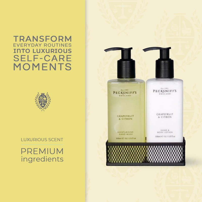 Hand Wash & Body Lotion Caddy Set (Grapefruit & Citron) - 10.1 Fl Oz Each - Gentle Cleanser for Sensitive Skin - Moisturizing & Hydrating Hand Cream - All Natural Cruelty Free Body Wash - Pecksniff’s