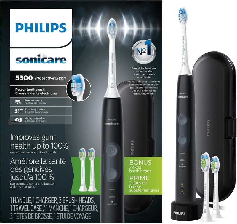 Philips Sonicare Electric Toothbrush - ProtectiveClean 5300 with Pressure Sensor, 3 Modes & Travel Case | Black, Model HX6423/34