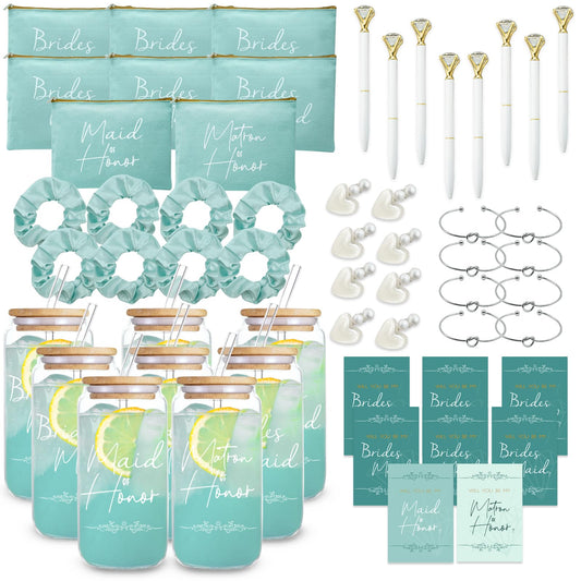 56pcs 8set Bridesmaid gifts bridesmaid proposal gifts, Maid of Honor Gifts contain 16oz Glass Cups Cosmetic Makeup Bags Invited Cards Scrunchies Hair Knotted Bracelets Diamond Pens love clip (Green)