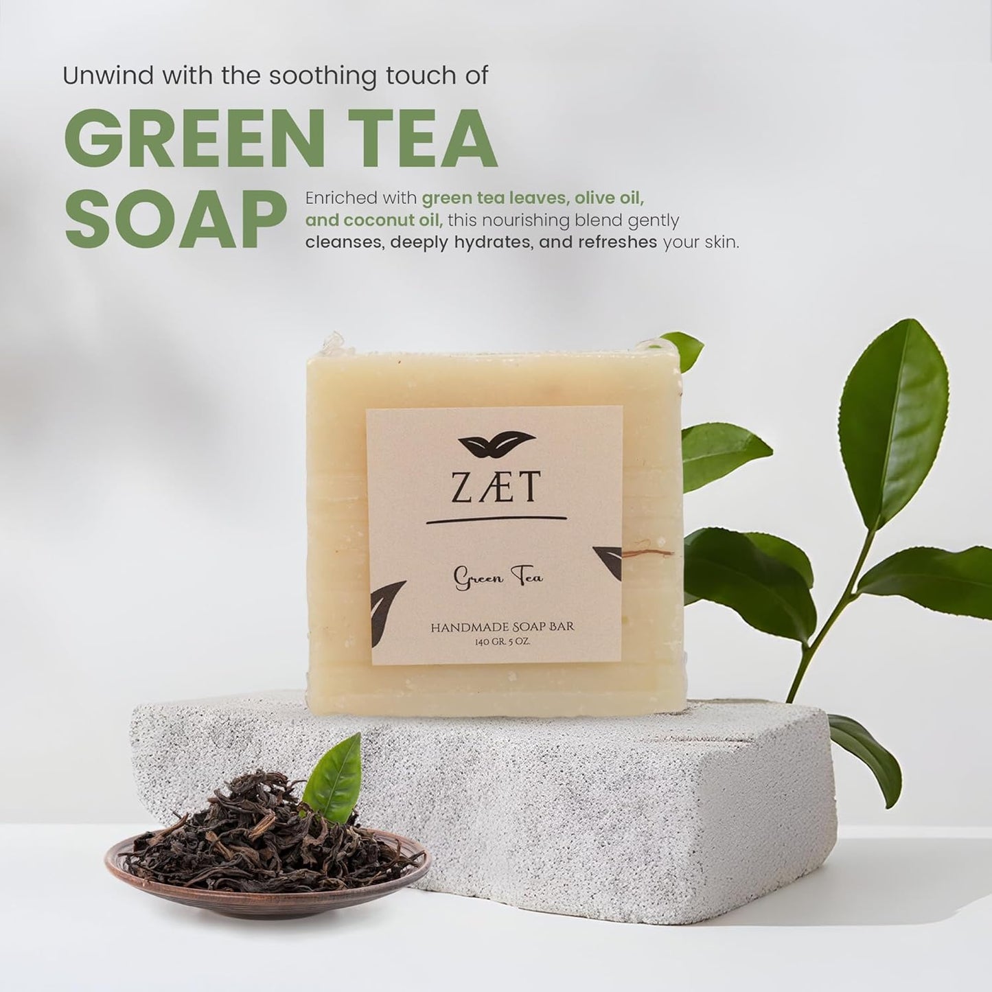 Green Tea Soap Bar - Natural Handmade Moisturizing & Exfoliating Soap | 2 Pack, 140g Each