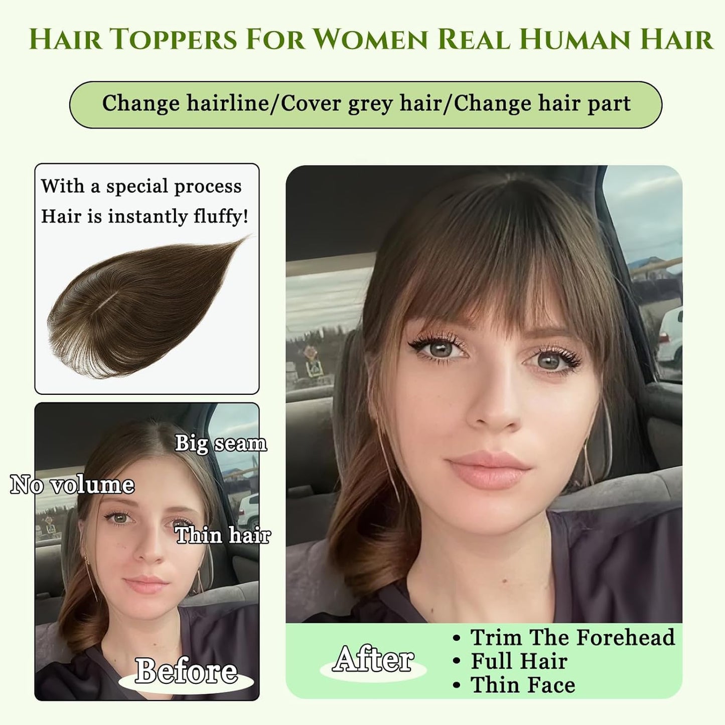 OLLAVO Hair Toppers for Women Real Human Hair, 360°3D Bangs Clip Human Toppers for Women with Thinning hair Realistic Scalp Line (Black, 3D Wispy Bangs(11 * 7))