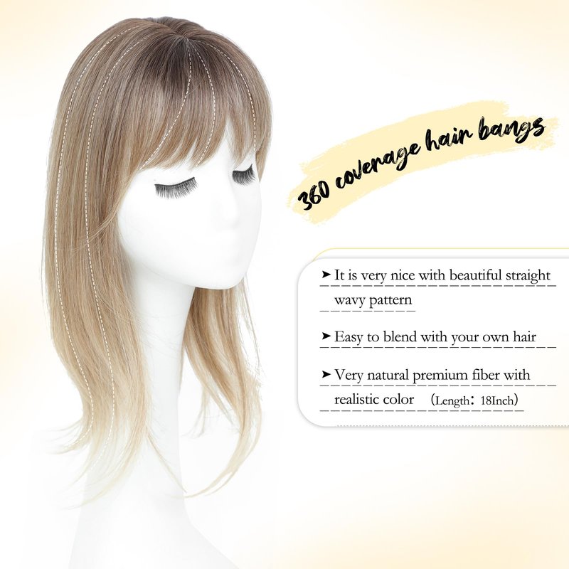 Ms Taj 18 Inch Hair Topper with Clip in Bangs, Synthetic Fluffy 4"x5" Layered Straight Toppers for Women, 360° 3D Cover Bangs Hairpiece for Thinning Hair(Natural Blonde with Dark Root)