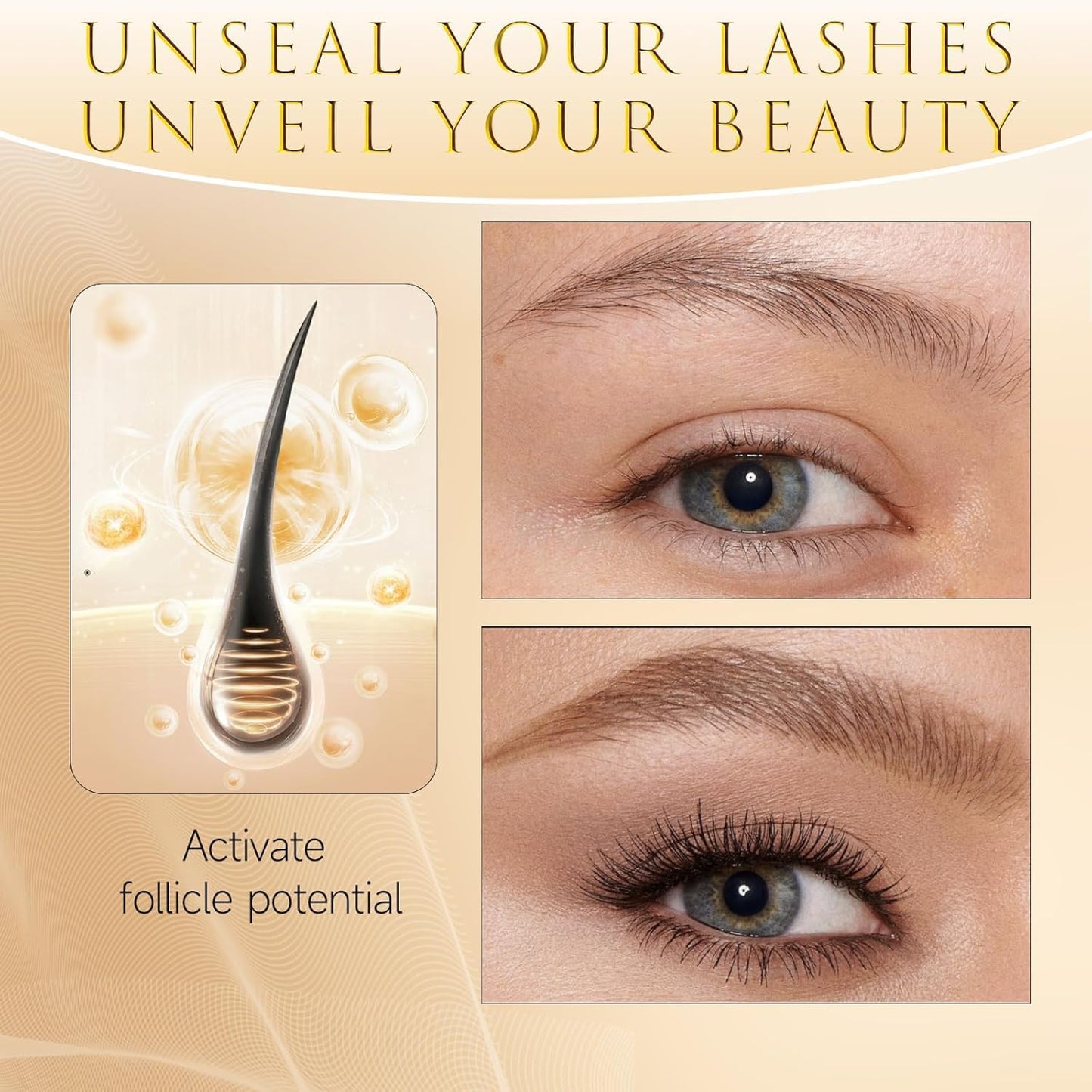 Eyelash Growth Serum – 15 Plant Extracts for Longer, Denser & Robust Lashes,Boosts Natural Lash Development,eyelash serum,Enhance Natural Beauty, Hypoallergenic Oil Free,lash growth serum（Bright Gold）