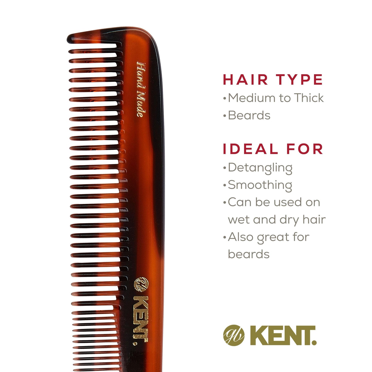 Kent 9T Tortoise Fine and Wide Tooth Comb Detangler - Large Handmade and Saw-Cut Dressing Combsw,for Wet and Dry, Hair Comb for Women and Durable Grooming Comb for Men Made in England