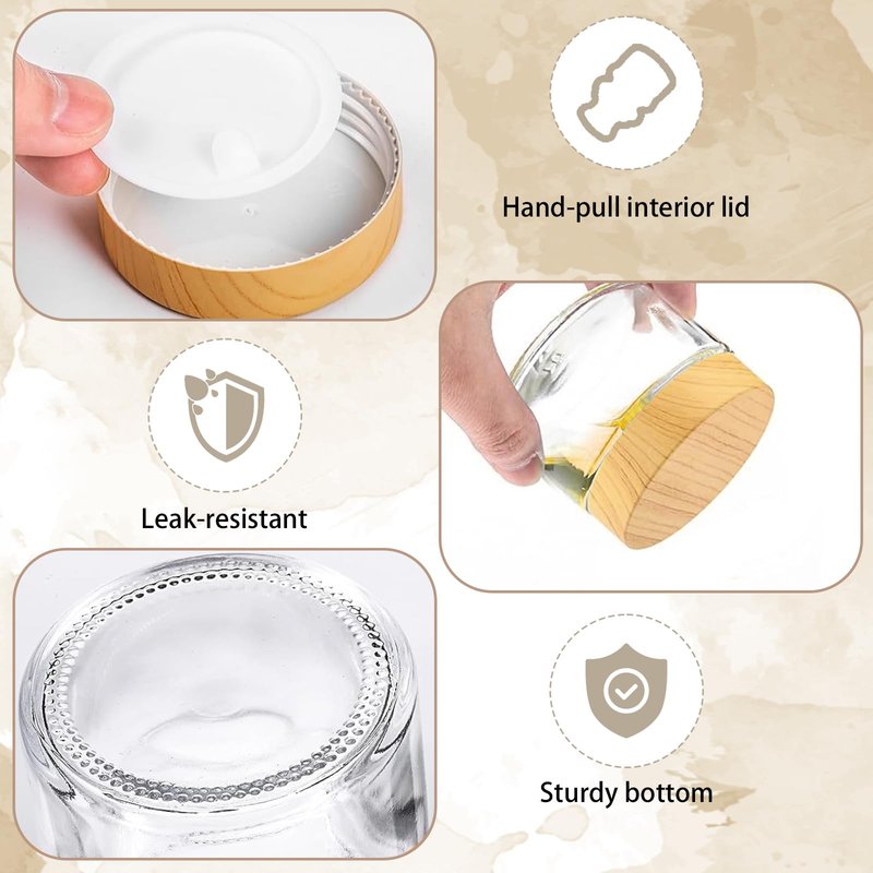 LECEHIVO 25 Pcs Glass Jars with Plastic Woodgrain Lids and Inner Liners 2 oz Clear Cosmetic Containers Empty Round Small Containers for Making Creams Lotions Powder Ointments Candle