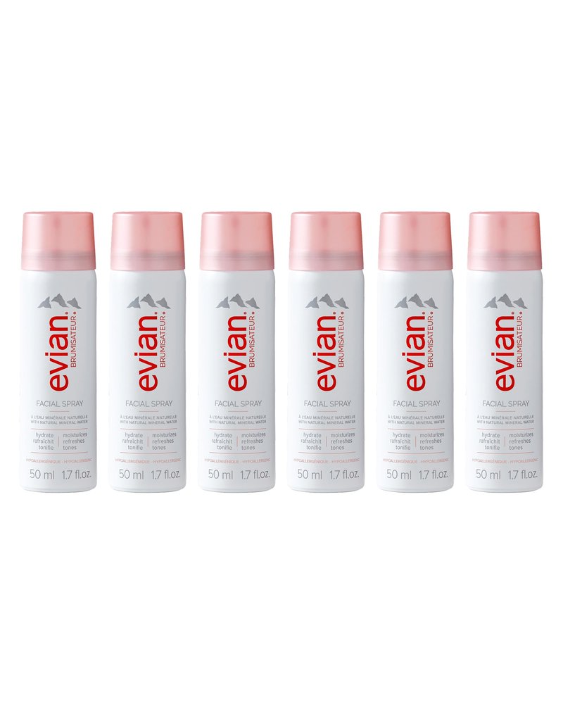 Evian Facial Spray 1.7 oz Travel 6-Pack - Hydrating Mineral Water Mist for Face & Skin - Refreshes Makeup and Tones Skin - TSA-Approved Mini Facial Spray Set for Daily Skincare Hydration