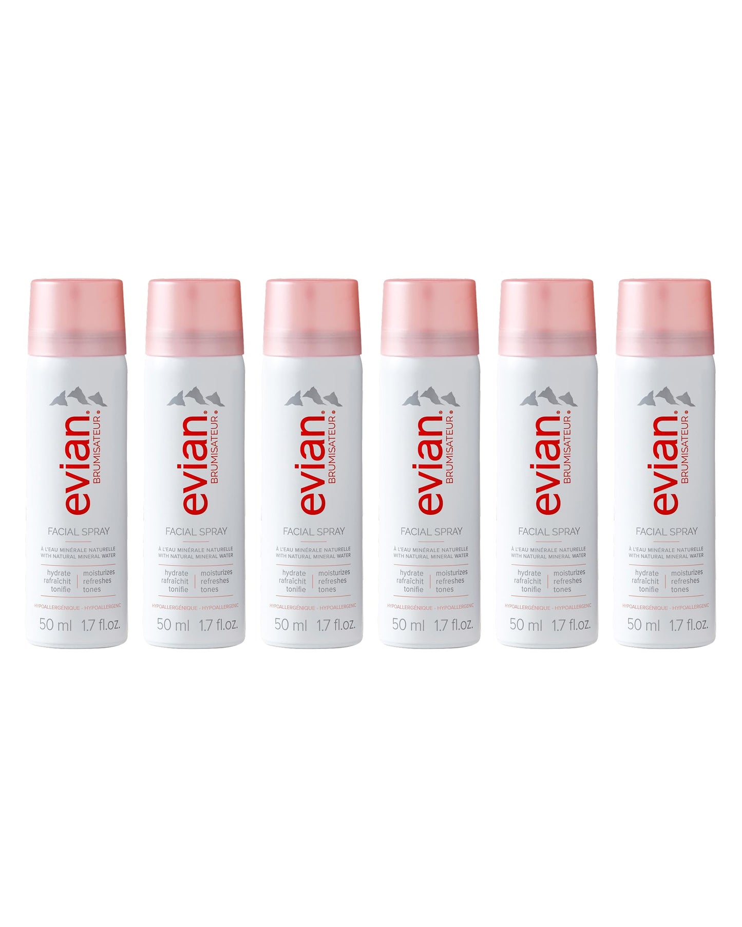 Evian Facial Spray 1.7 oz Travel 6-Pack - Hydrating Mineral Water Mist for Face & Skin - Refreshes Makeup and Tones Skin - TSA-Approved Mini Facial Spray Set for Daily Skincare Hydration