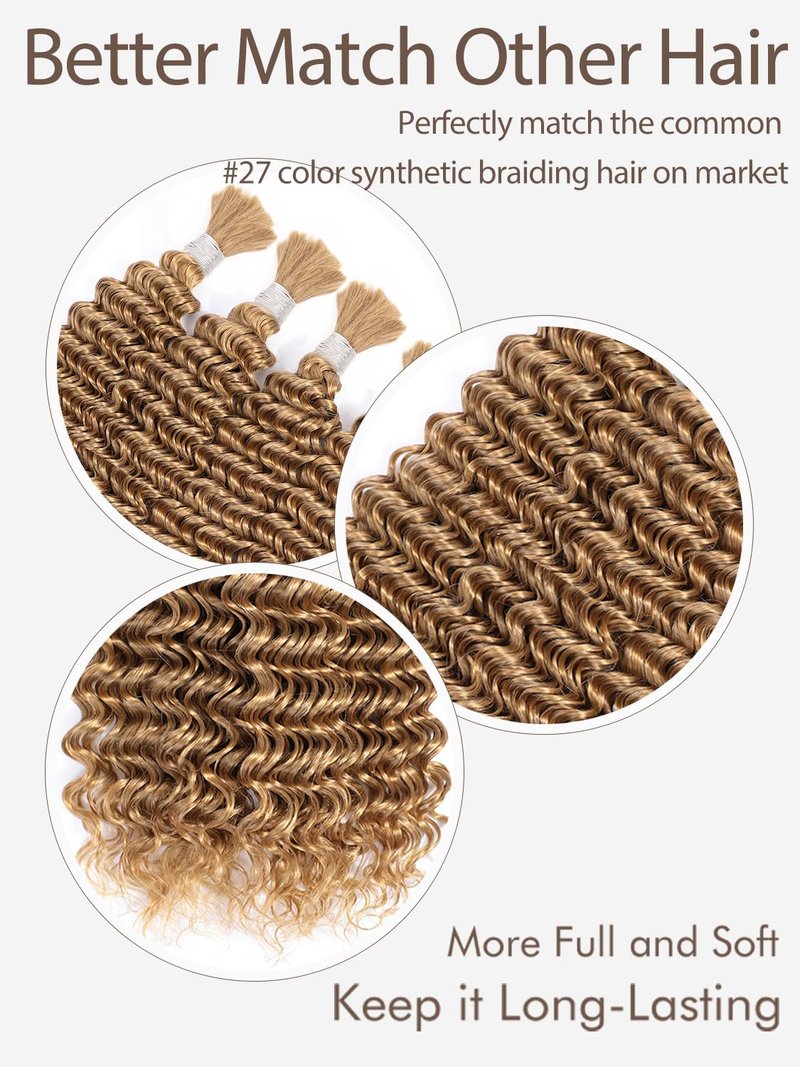 12A #27 Honey Blonde Human Braiding Hair for Boho Braids 1 Bundle 22 Inch 50g Deep Wave Braiding Hair for Bohemian Knotless Braids 100% Unprocessed Virgin Bulk Hair Extensions No Weft