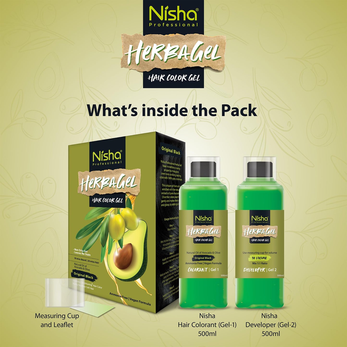 Nisha Herba Gel Hair Colour Gel, Original Black 1 Litre | No Ammonia, No Stain, Non-Drip Vegan Formula | Permanent Hair Colour & Hair Dye | 100% Grey Coverage & Long-Lasting Shine