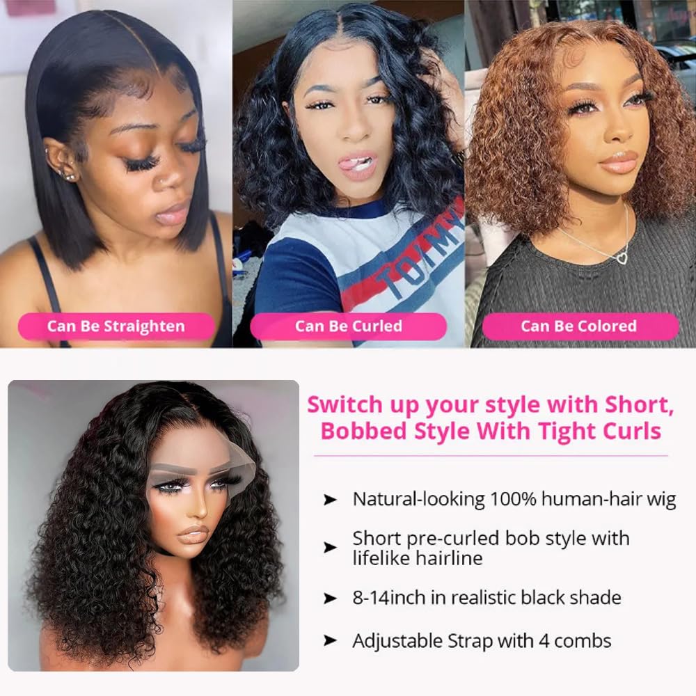 Jinhongze Curly Bob Wig Human Hair Deep Curly Wigs for Black Women 13x4 Lace Front Bob Wigs Human Hair Short Curly Bob Wig with Natural Hairline 10 Inch