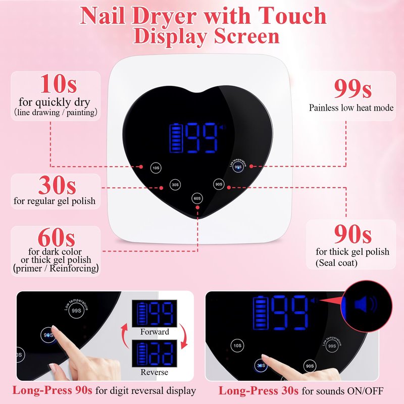 Cordless UV Led Nail Lamp, 72W UV Nail Light for Nail Polish, Rechargeable Nail Dryer, Heart Nail Lamp with 5 Timer and LCD Display, Professional Nail Lamp for Valentines Day Gifts and Nail Salon