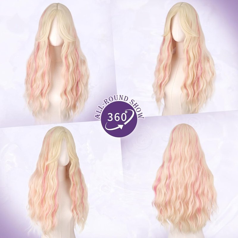 Blonde Wigs with Curtain Bangs - Long Wavy Synthetic Hair Wig for Women | 26 Inch Blonde Mixed Pink