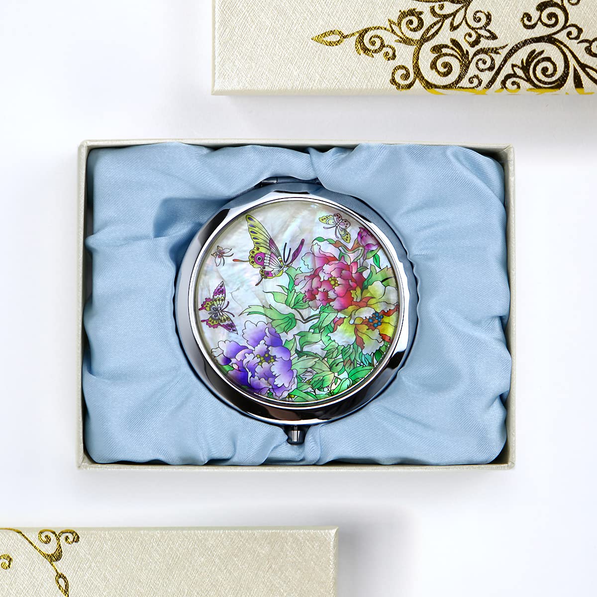 Compact Mirror–Mother of Pearl Magnifying Mirror–One-Touch Travel Makeup Mirror–Elegant Handheld Mirror with Floral Design–Dual-Sided Portable Mirror–Traditional Korean Painting(Butterfly TreePeony)