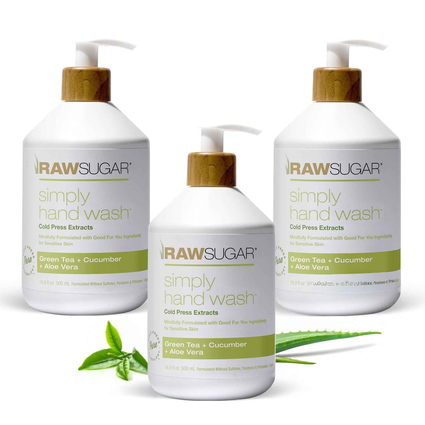 RAW SUGAR Simply Hand Wash, 16.9 Fl Oz (Pack of 4) Green Tea Liquid Hand Soap for Kitchen or Bathroom, Cleanses & Refreshes Hands, Formulated without Sulfates & Parabens