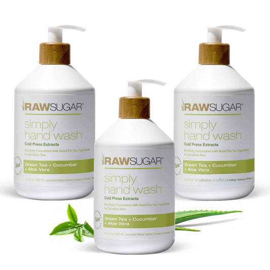 RAW SUGAR Simply Hand Wash, 16.9 Fl Oz (Pack of 4) Green Tea Liquid Hand Soap for Kitchen or Bathroom, Cleanses & Refreshes Hands, Formulated without Sulfates & Parabens