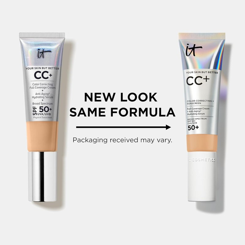 IT Cosmetics CC+ Cream SPF 50+ - Full Coverage Foundation with Natural Finish | Light Cool 1.08 fl oz & Concealer Brush #7 for Blending