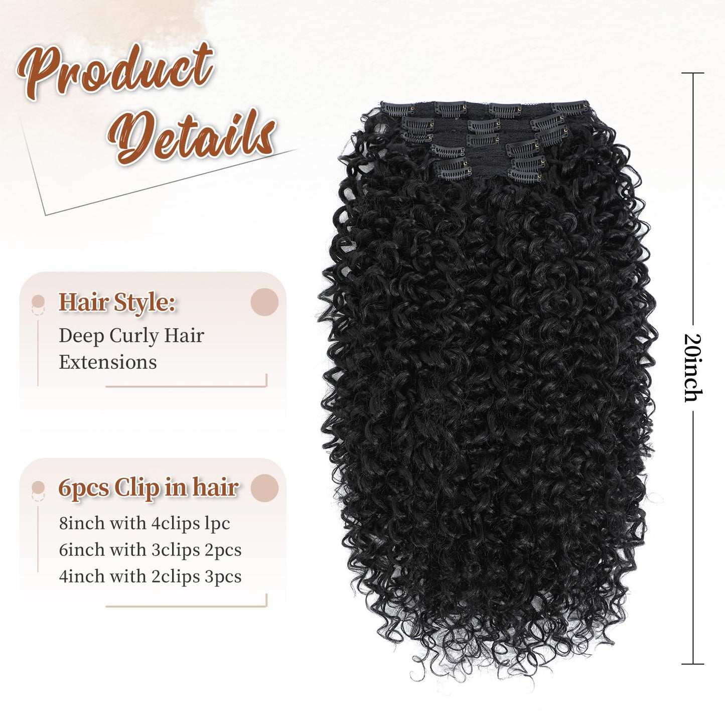 Curly Clip in Hair Extensions, Molefi 3b 3c Curly Clip Ins Full Head for Women 20 inch 100% Pure Protein Silk Hair Extensions for Bridal Party Daily 6PCS with 16 Clips/Set