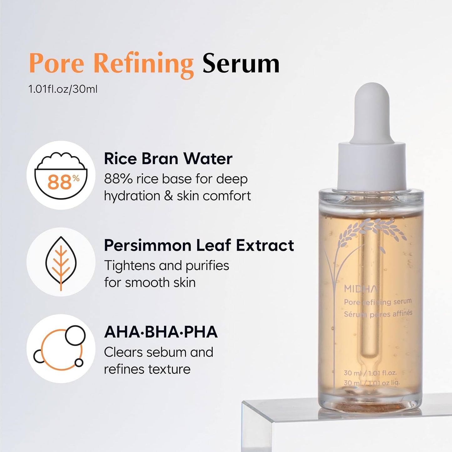 Midha Rice Pore Refining Serum - Lightweight Pore Care Solution | 1.01 fl. oz (30ml) Hydrating Formula for Smooth Skin
