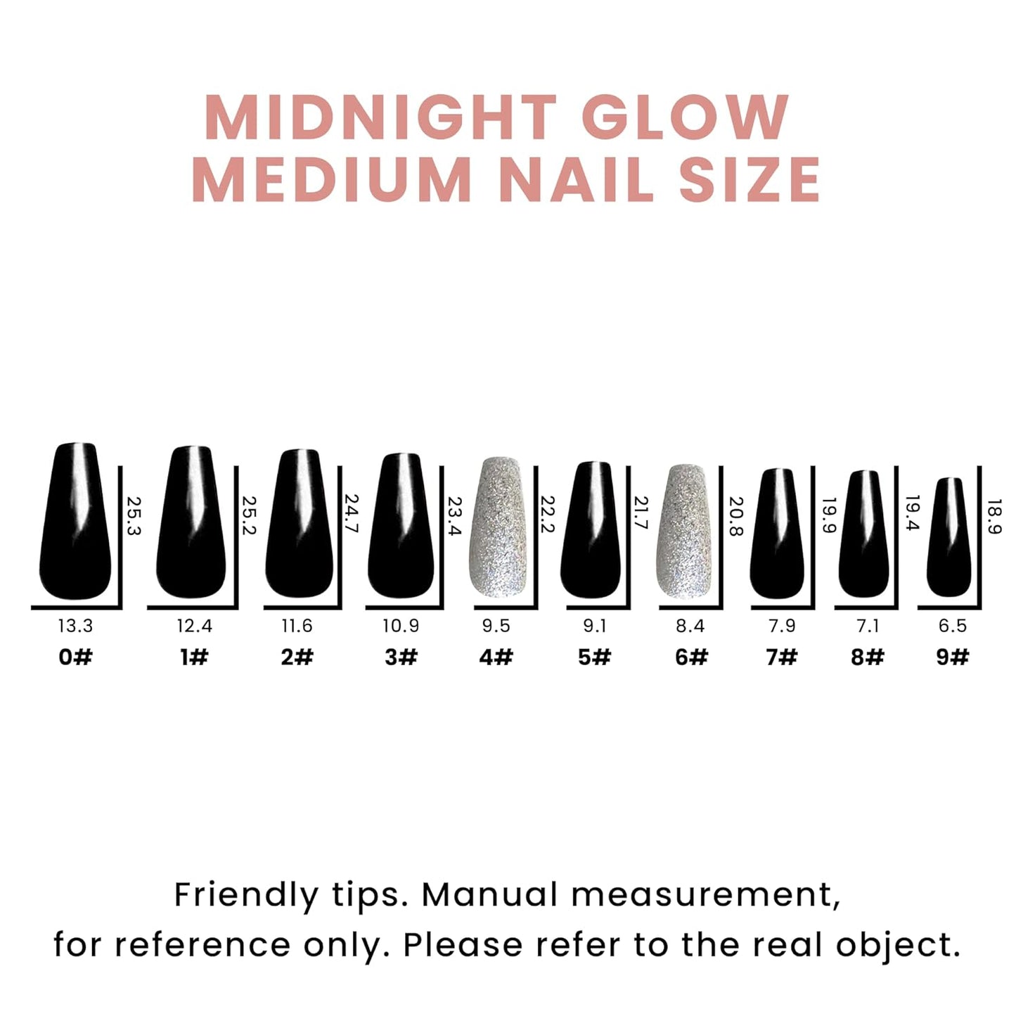Press On Nails - Midnight Black Medium Long Tapered Ballerina | 20 Pcs Coffin Nail Kit with Glue, 10 Sizes