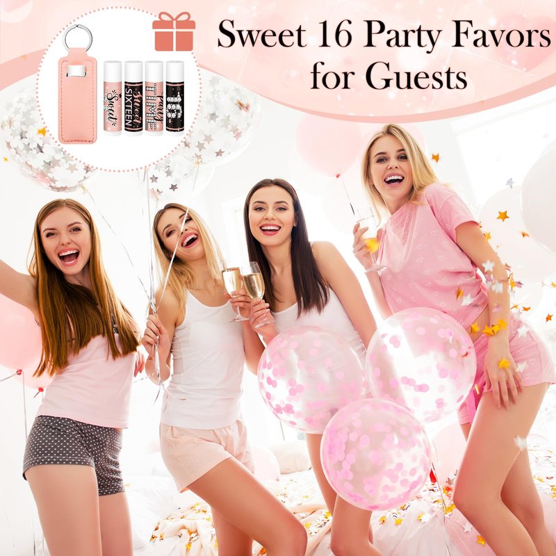 Heigble 20 Sets Sweet 16 Party Favors Pink and Black Lipstick Bulk with Lip Balm Holder Keychain Lip Balm Lipstick Sleeve for Teen 16th Birthday Decorations Guest Gifts Supplies