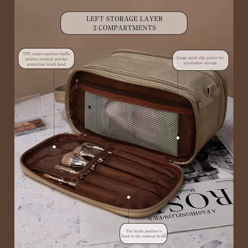 Large Capacity Makeup Toiletry Bag - 3-Layer Portable Organizer with Double Zippers | Light Brown