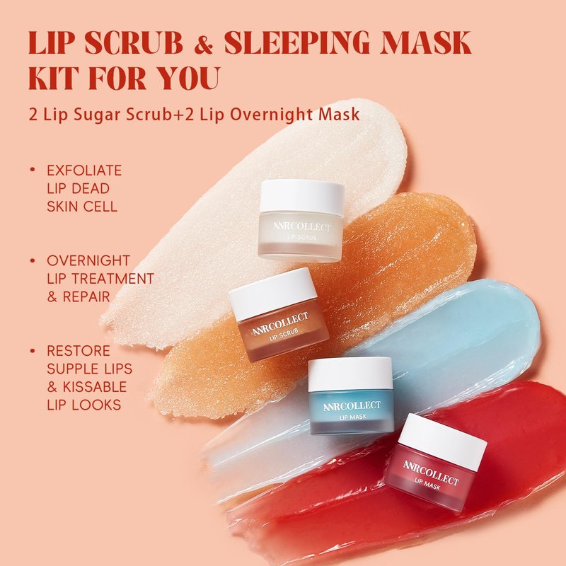 ANRCOLLECT Lip Scrub and Lip Mask Set- Lip Treatment Care Kit with 2 Lip Exfoliator Scrub & 2 Lip Butter Mask, Intense Hydration Set for Dry Chapped Cracked Lips (4 Pack), Valentines Day Gifts