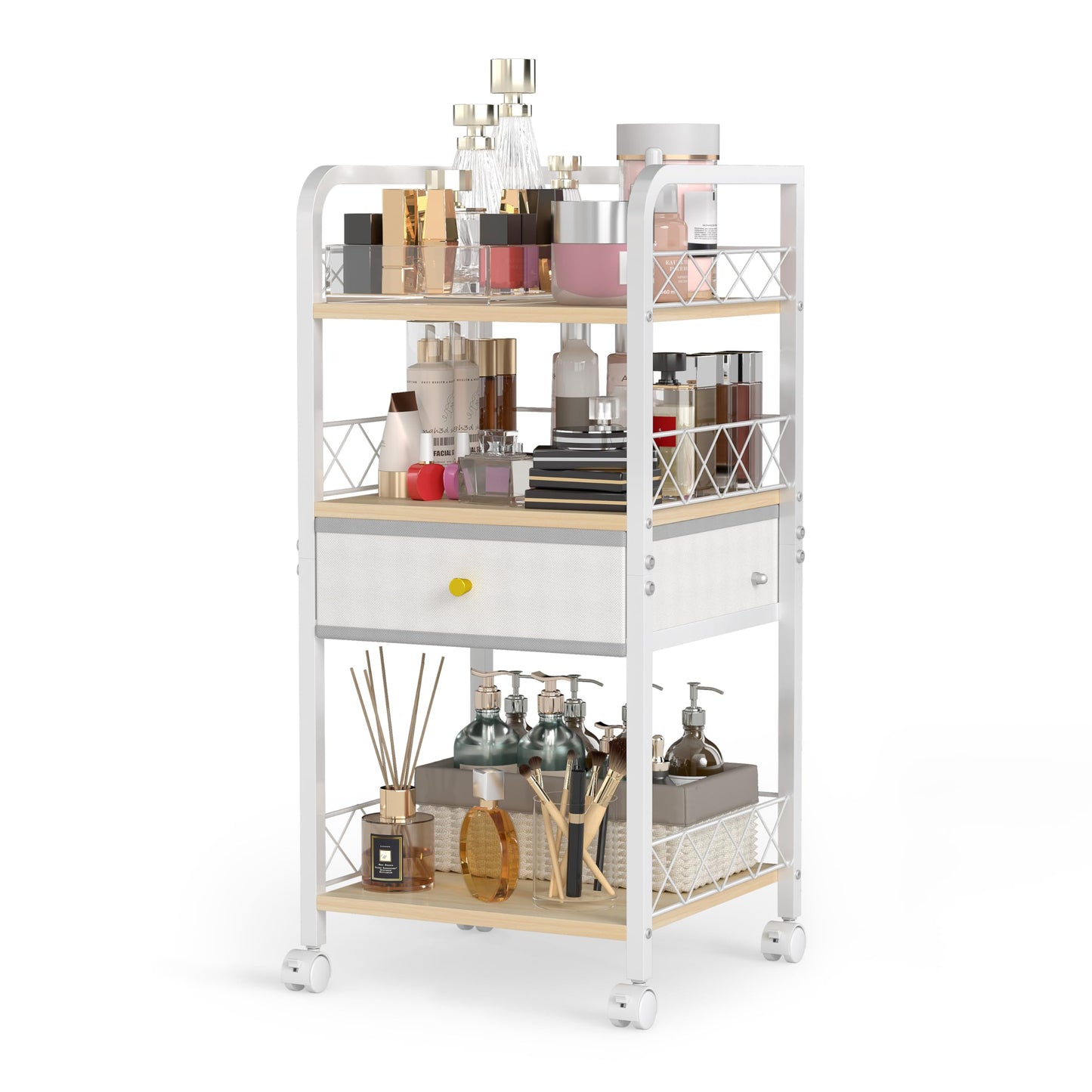 Makeup Organizer Rolling Cart with Drawer, Makeup Organizer on Wheels, Rolling Makeup Bathroom Storage Cart, Cosmetics Display for Nail Polish Makeup Brush