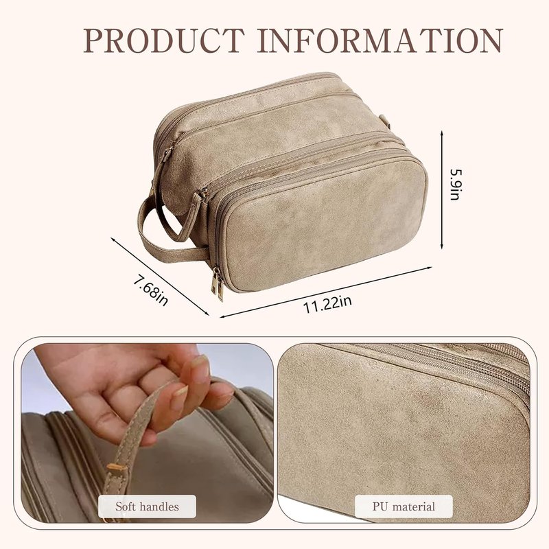 Large Capacity Makeup Toiletry Bag - 3-Layer Portable Organizer with Double Zippers | Light Brown
