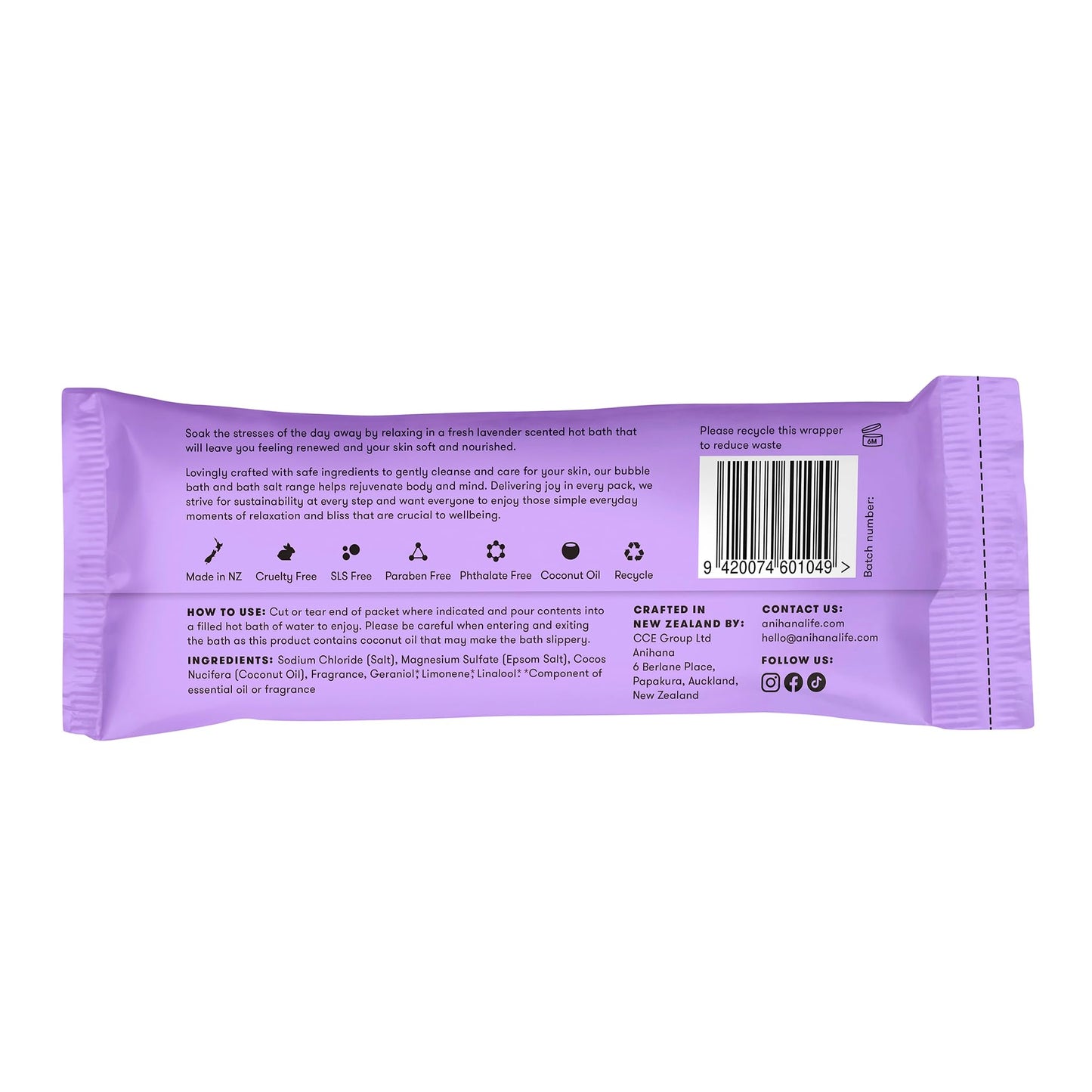 ANIHANA Relaxing Bath Salts, Muscle Soaking Aid with Coconut Oil, Helps Ease Aches and Pains, Relaxing Lavender Love Scent, 15pk