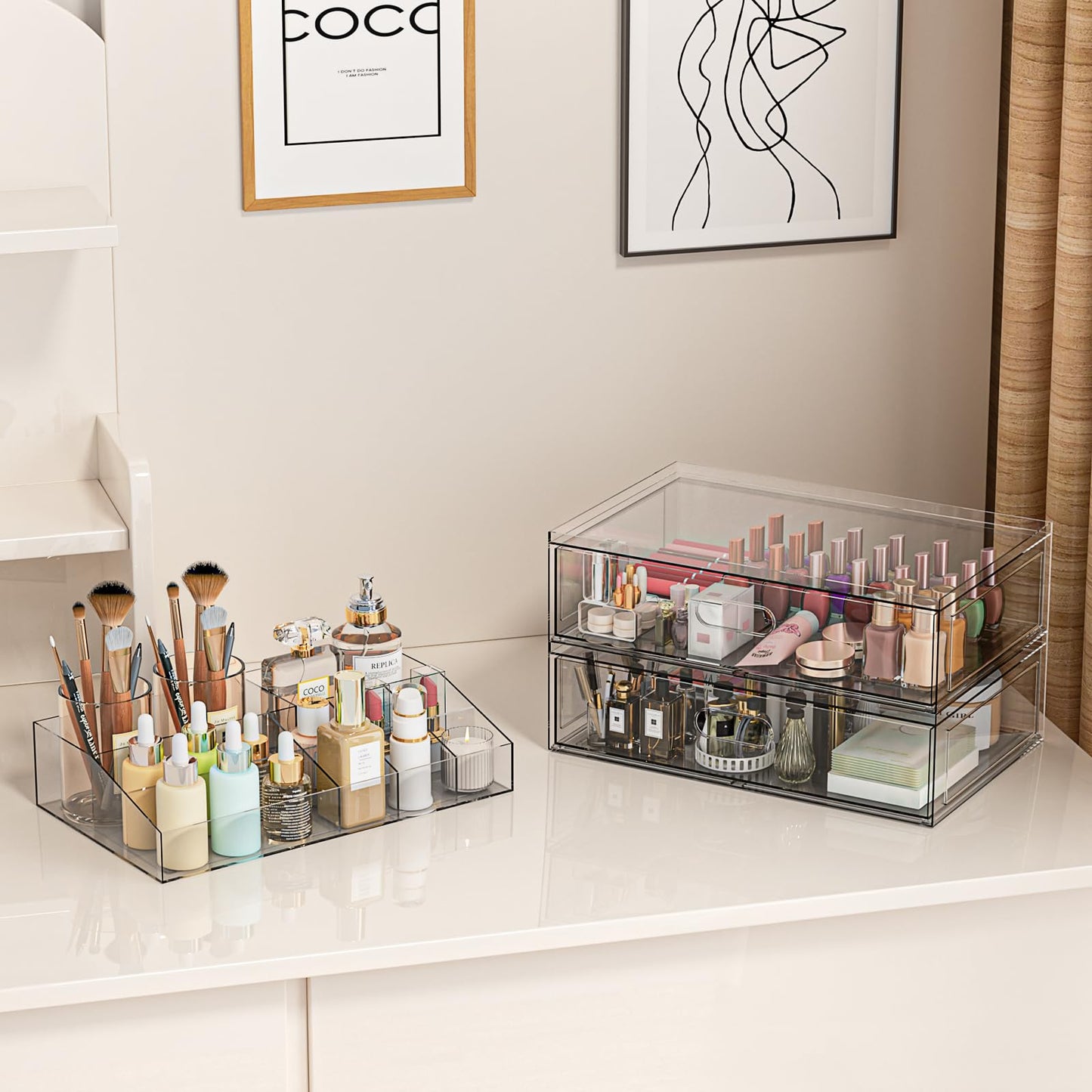 Clear Stackable Makeup Organizer with Drawer, 12''W Acrylic Storage Drawers, Cosmetic Display Case for Vanity Bathroom Countertop, Beauty Holder for Lipstick Brush Skincare Perfume (5 Pack)