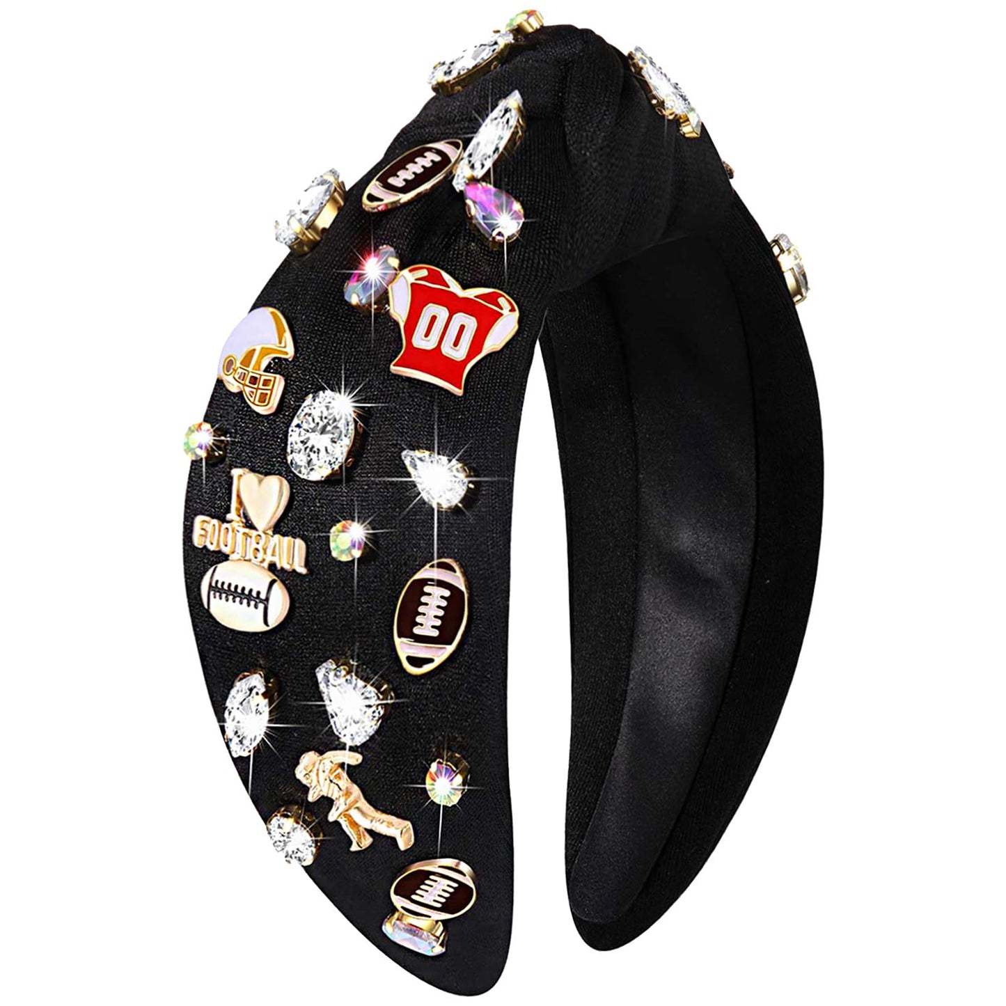 mokkia Football Headband for Women Football Mom Accessories Crystal Rhinestone Jeweled Wide Top Knot Headband Game Day Sports Hair Accessories Gift (Black)