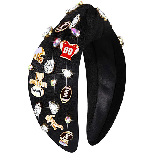 mokkia Football Headband for Women Football Mom Accessories Crystal Rhinestone Jeweled Wide Top Knot Headband Game Day Sports Hair Accessories Gift (Black)